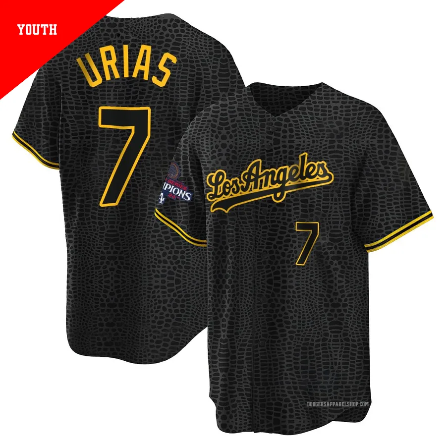 Youth Los Angeles Dodgers ＃7 Julio Urias Black Replica Snake Skin City 2024 World Series Champions Jersey