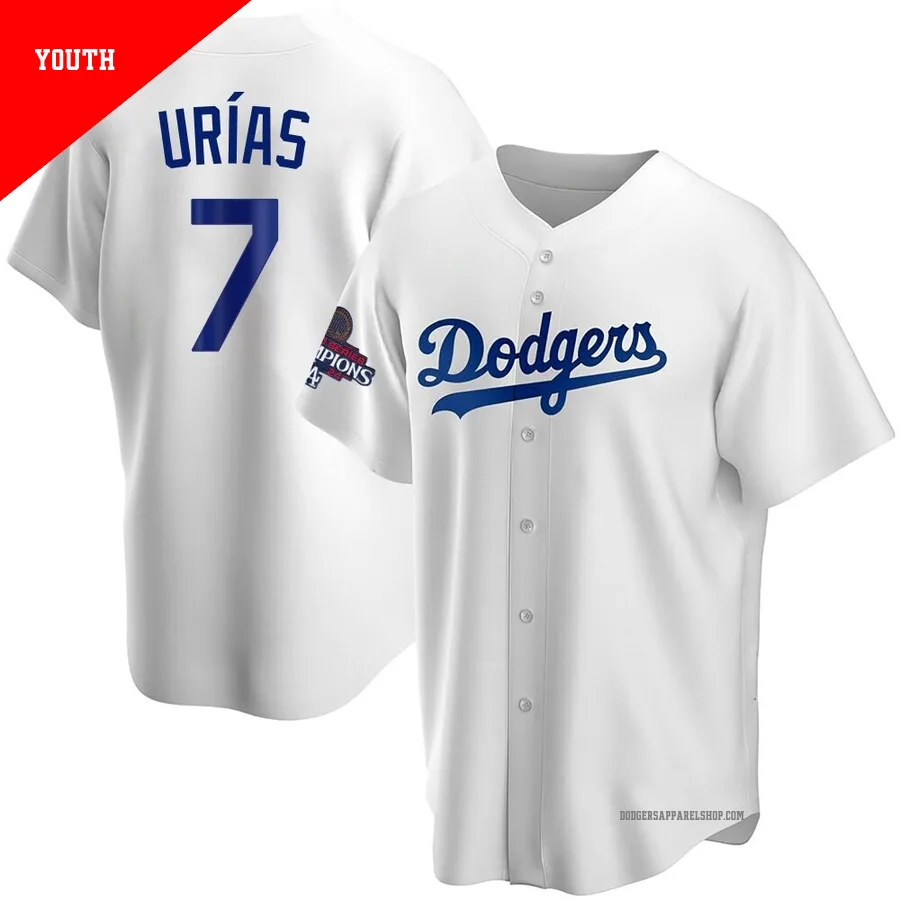 Youth Los Angeles Dodgers ＃7 Julio Urias White Replica Home 2024 World Series Champions Jersey