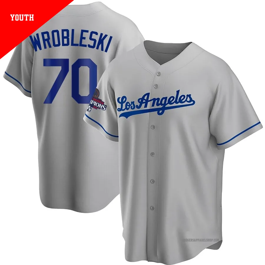 Youth Los Angeles Dodgers ＃70 Justin Wrobleski Gray Replica Road 2024 World Series Champions Jersey