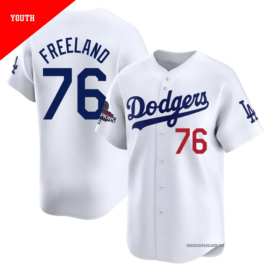 Youth Los Angeles Dodgers ＃76 Alex Freeland White Limited Home 2024 World Series Champions Jersey