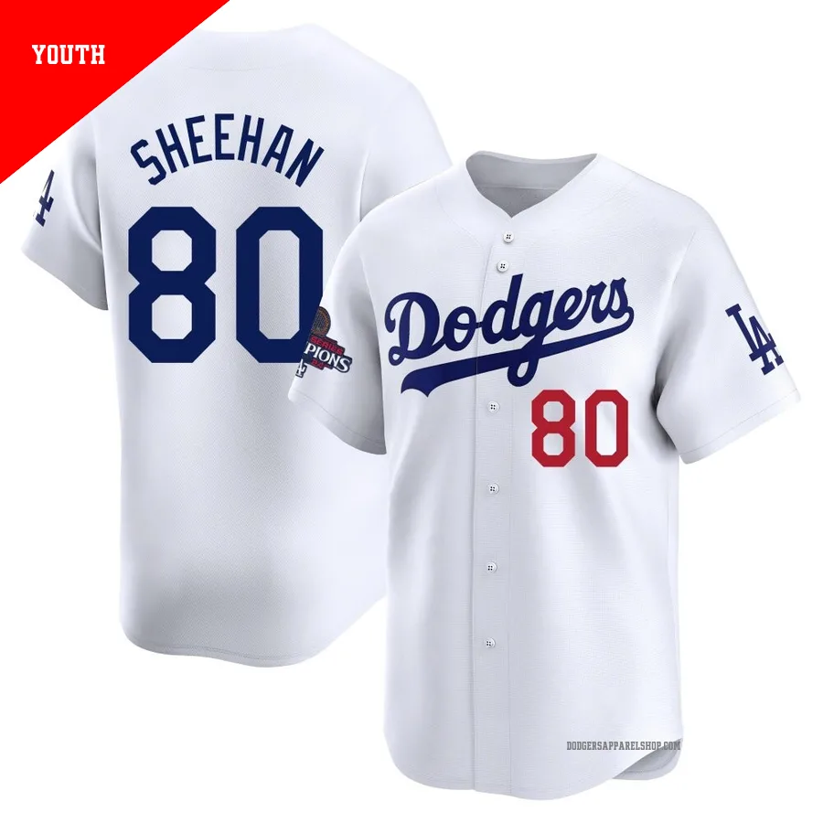Youth Los Angeles Dodgers ＃80 Emmet Sheehan White Limited Home 2024 World Series Champions Jersey
