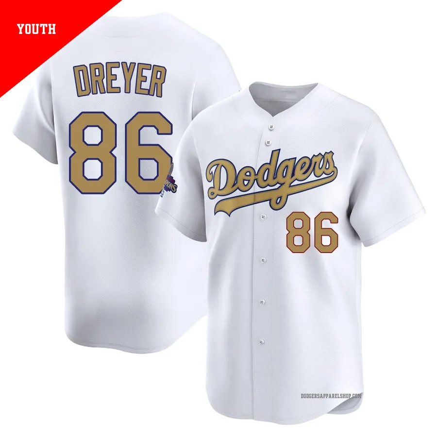 Youth Los Angeles Dodgers ＃86 Jack Dreyer Gold Limited White 2025 Collection Jersey