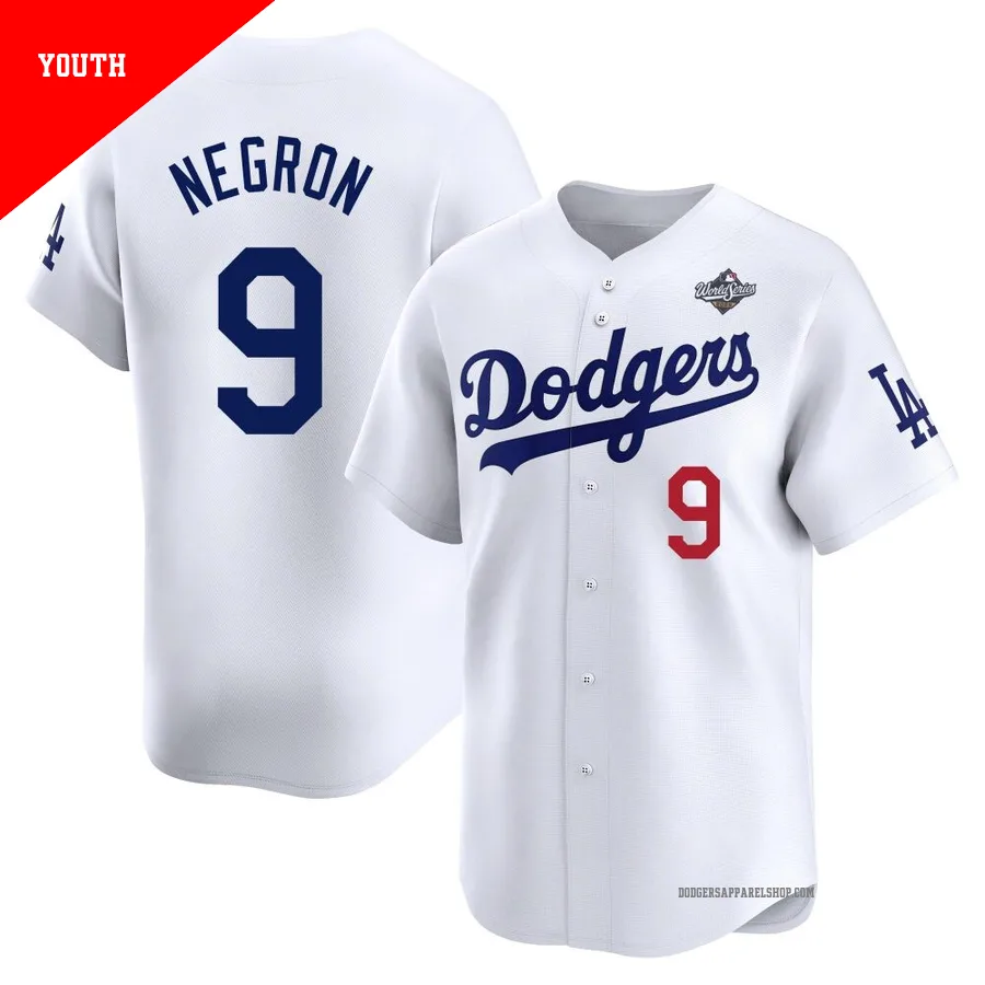 Youth Los Angeles Dodgers ＃9 Kristopher Negron White Limited Home 2025 World Series Jersey